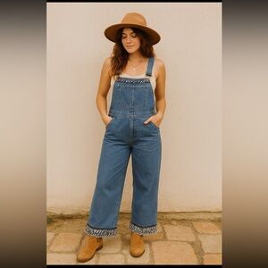 Vintage Y2K Wide Leg Denim Overalls Zebra Trim Boho 90s Vibe